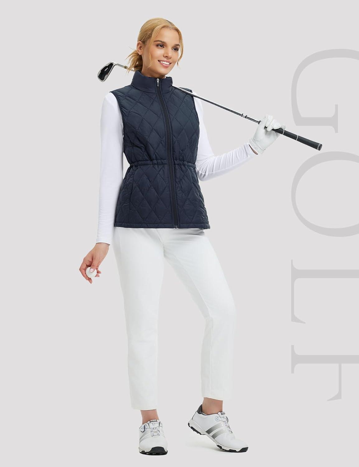 imagebaleaf Womens Puffer Drawstring Vest Lightweight Winter Warm Stand Collar Quilted Golf Vests Water Resistant Zip PocketsNavy Blue