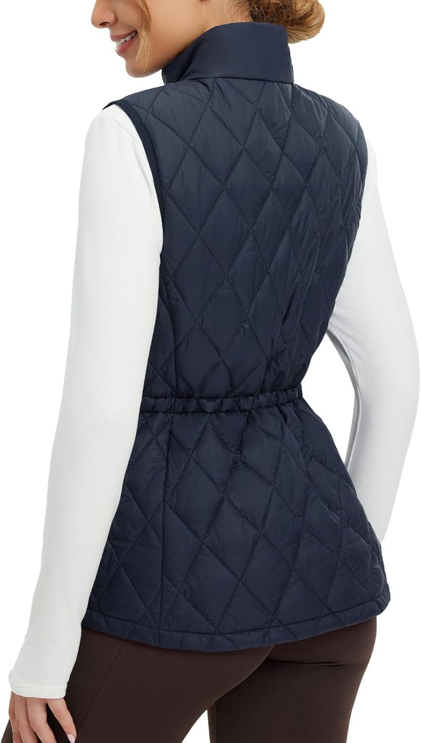 imagebaleaf Womens Puffer Drawstring Vest Lightweight Winter Warm Stand Collar Quilted Golf Vests Water Resistant Zip PocketsNavy Blue