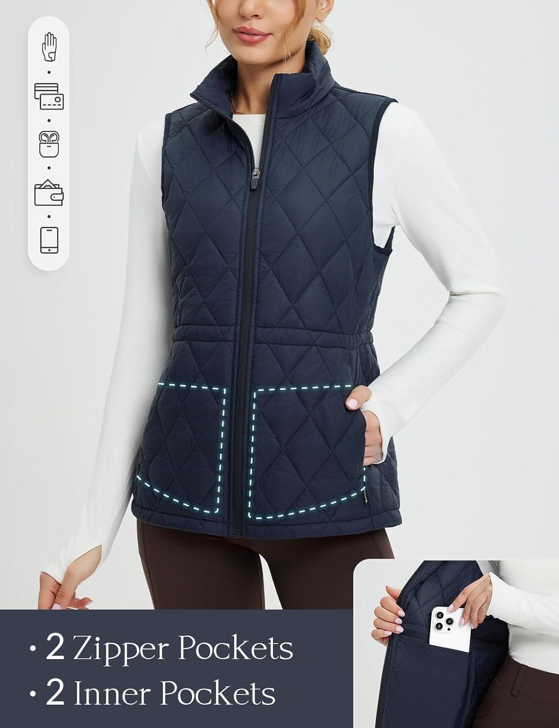 imagebaleaf Womens Puffer Drawstring Vest Lightweight Winter Warm Stand Collar Quilted Golf Vests Water Resistant Zip PocketsNavy Blue