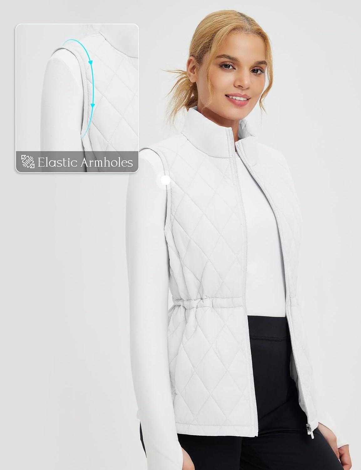 imagebaleaf Womens Puffer Drawstring Vest Lightweight Winter Warm Stand Collar Quilted Golf Vests Water Resistant Zip PocketsStar White