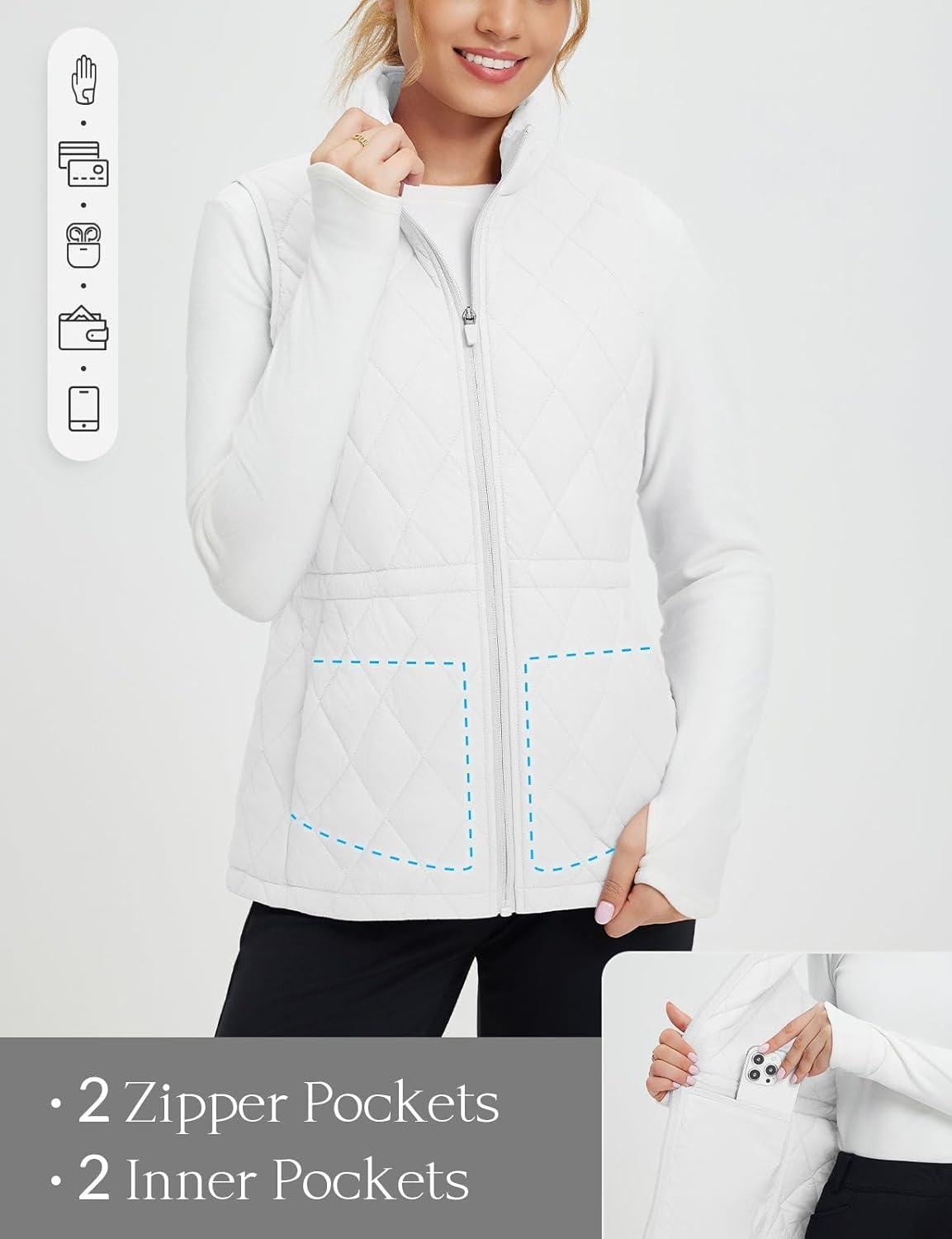 imagebaleaf Womens Puffer Drawstring Vest Lightweight Winter Warm Stand Collar Quilted Golf Vests Water Resistant Zip PocketsStar White