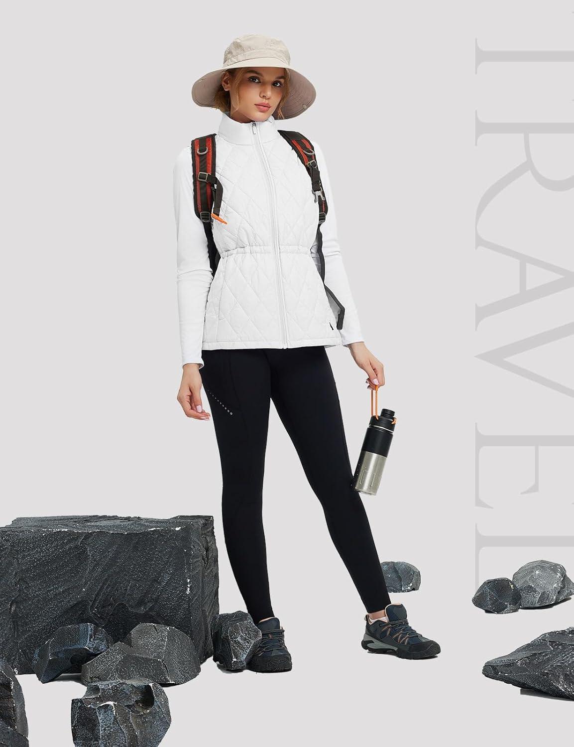 imagebaleaf Womens Puffer Drawstring Vest Lightweight Winter Warm Stand Collar Quilted Golf Vests Water Resistant Zip PocketsStar White