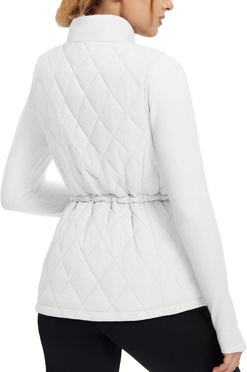 imagebaleaf Womens Puffer Drawstring Vest Lightweight Winter Warm Stand Collar Quilted Golf Vests Water Resistant Zip PocketsStar White
