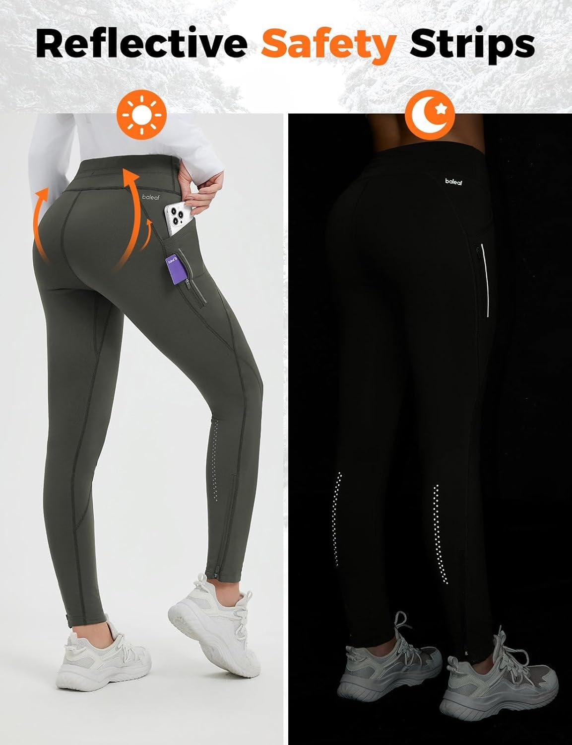 imagebaleaf Womens Thermal Fleece Lined Leggings with Pockets Ankle Zip Reflective Water Resistant High Waisted Warm Snow PantsArmy Green