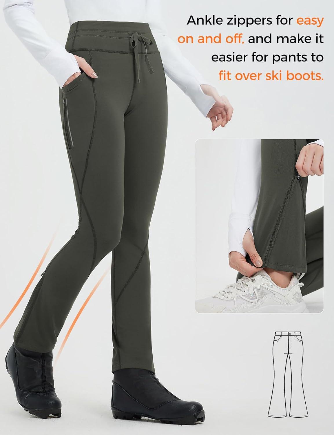 imagebaleaf Womens Thermal Fleece Lined Leggings with Pockets Ankle Zip Reflective Water Resistant High Waisted Warm Snow PantsArmy Green