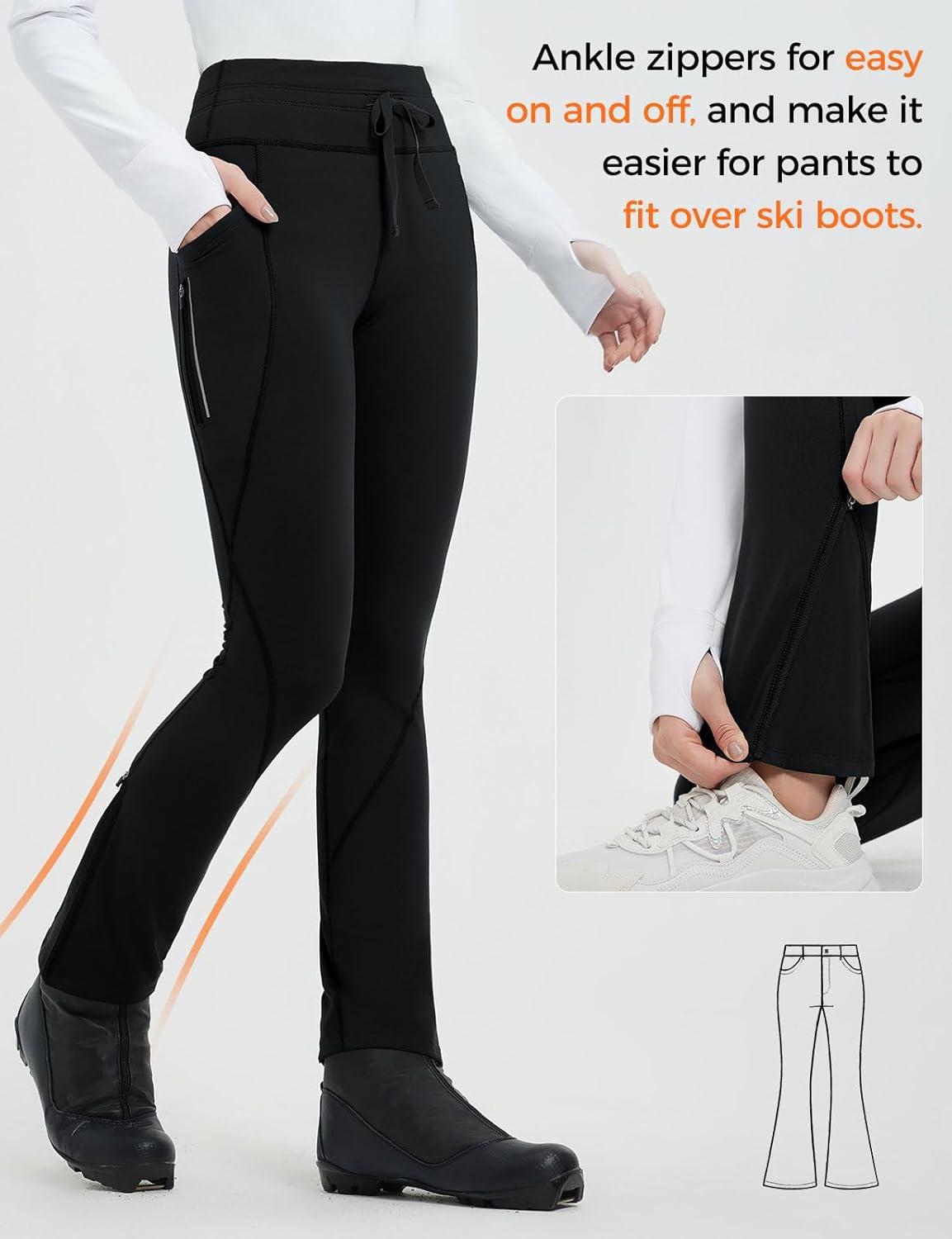 imagebaleaf Womens Thermal Fleece Lined Leggings with Pockets Ankle Zip Reflective Water Resistant High Waisted Warm Snow PantsBlack
