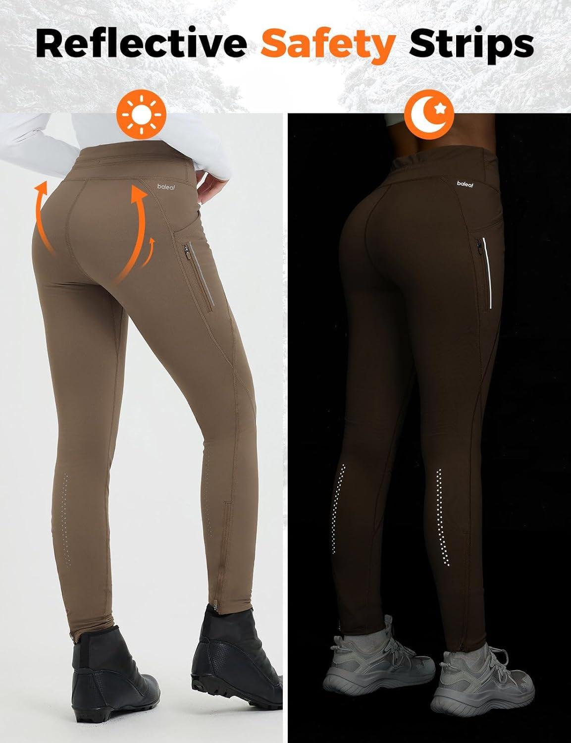 imagebaleaf Womens Thermal Fleece Lined Leggings with Pockets Ankle Zip Reflective Water Resistant High Waisted Warm Snow PantsBrown