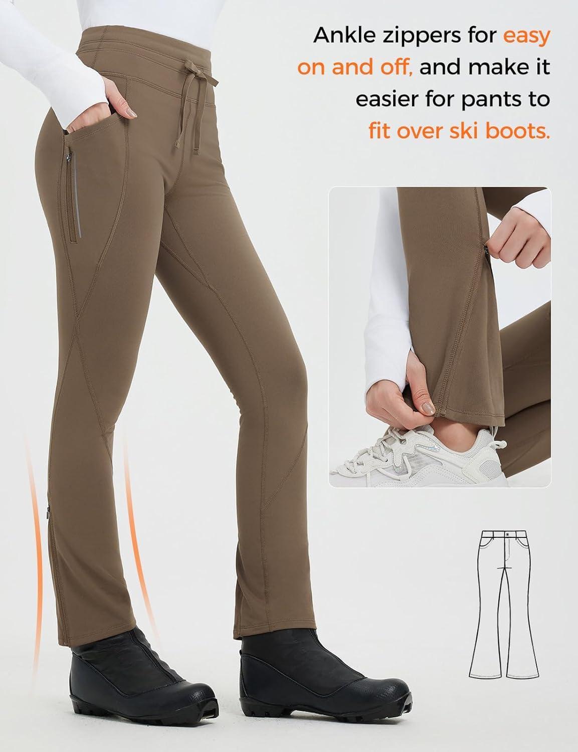 imagebaleaf Womens Thermal Fleece Lined Leggings with Pockets Ankle Zip Reflective Water Resistant High Waisted Warm Snow PantsBrown