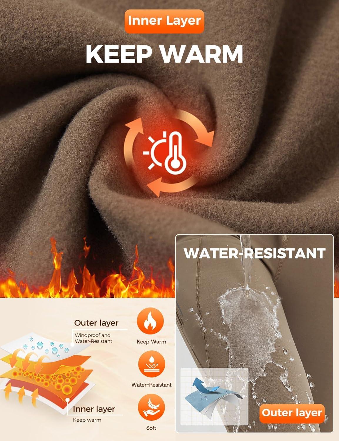 imagebaleaf Womens Thermal Fleece Lined Leggings with Pockets Ankle Zip Reflective Water Resistant High Waisted Warm Snow PantsBrown