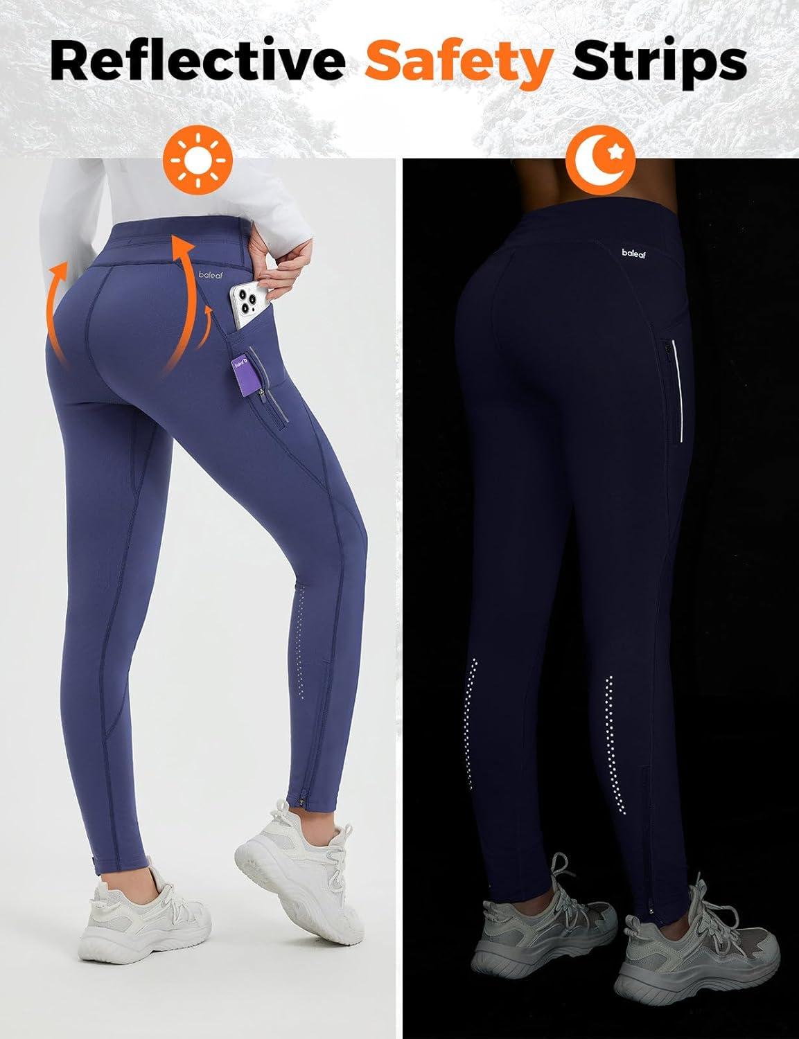imagebaleaf Womens Thermal Fleece Lined Leggings with Pockets Ankle Zip Reflective Water Resistant High Waisted Warm Snow PantsNavy Blue