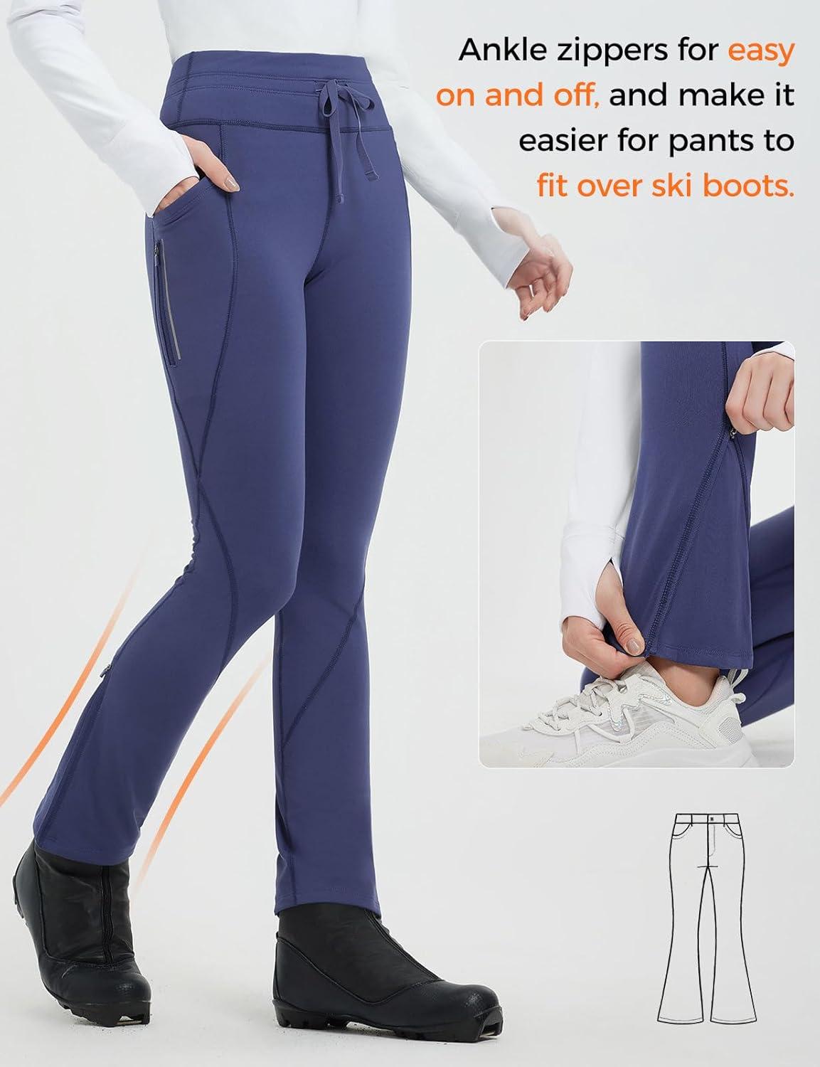 imagebaleaf Womens Thermal Fleece Lined Leggings with Pockets Ankle Zip Reflective Water Resistant High Waisted Warm Snow PantsNavy Blue