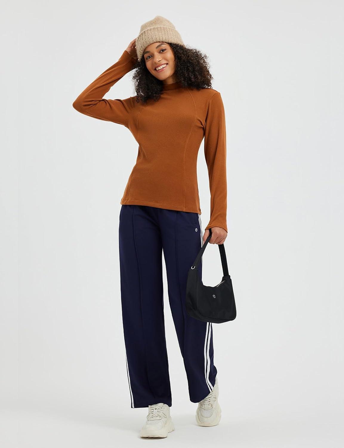 imagebaleaf Womens Thermal Tops Winter Long Sleeve Shirts Warm Base Layer Running Gear Mock Neck Clothes WorkoutBrown