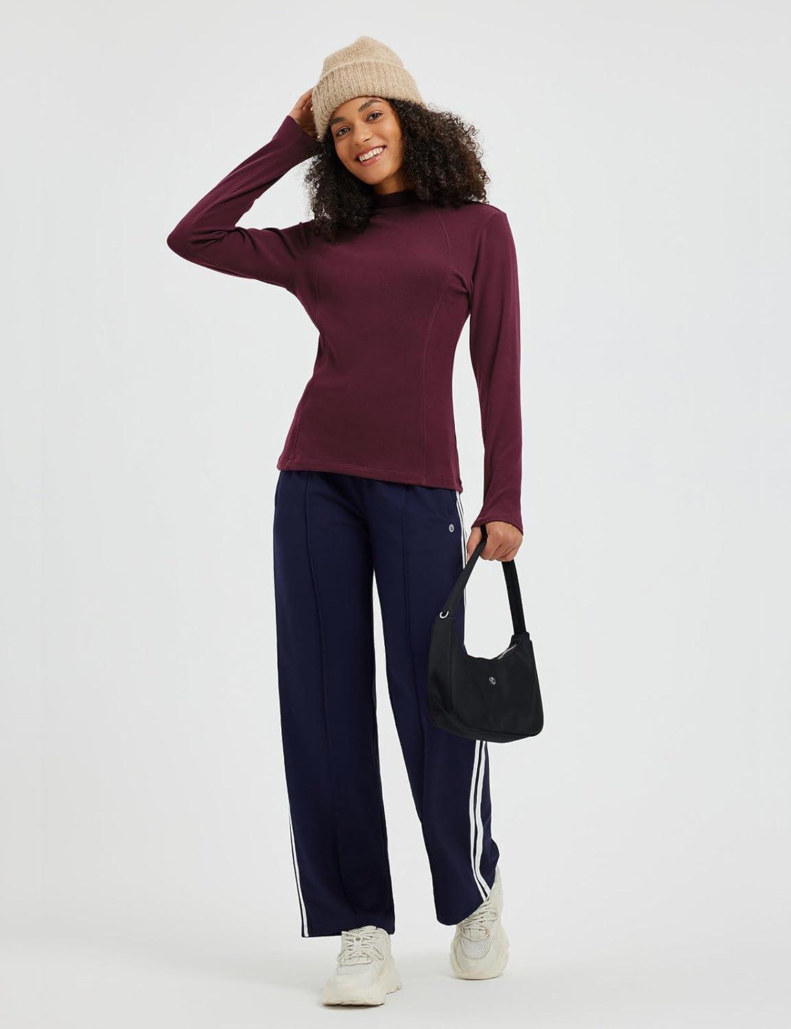 imagebaleaf Womens Thermal Tops Winter Long Sleeve Shirts Warm Base Layer Running Gear Mock Neck Clothes WorkoutWine Red