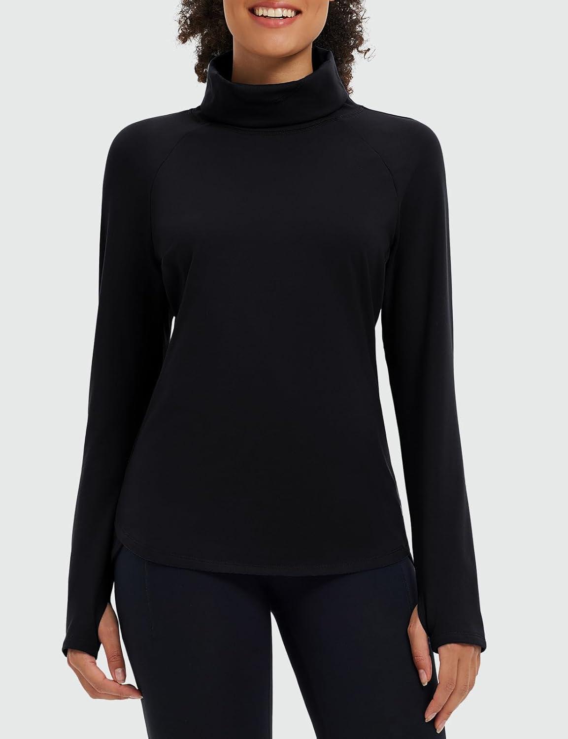 imagebaleaf Womens Thermal Turtleneck Tops Long Sleeve Shirts Ski Base Layer with Integrated Neck Face Mask ThumbholesBlack
