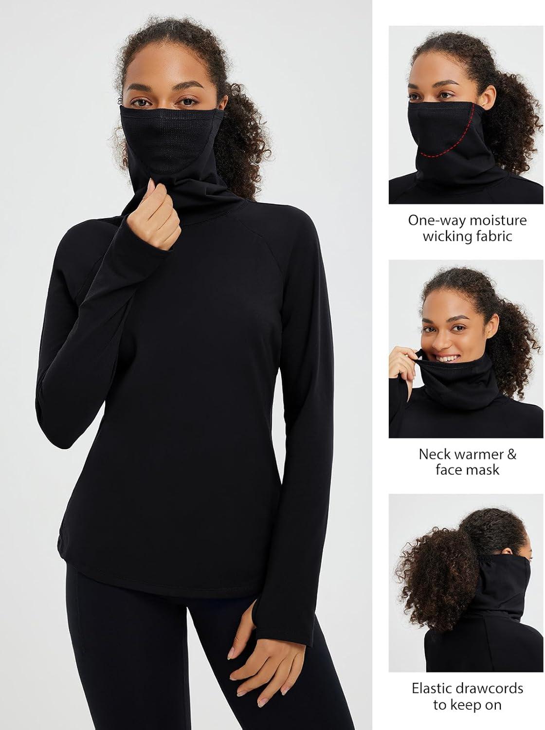 imagebaleaf Womens Thermal Turtleneck Tops Long Sleeve Shirts Ski Base Layer with Integrated Neck Face Mask ThumbholesBlack