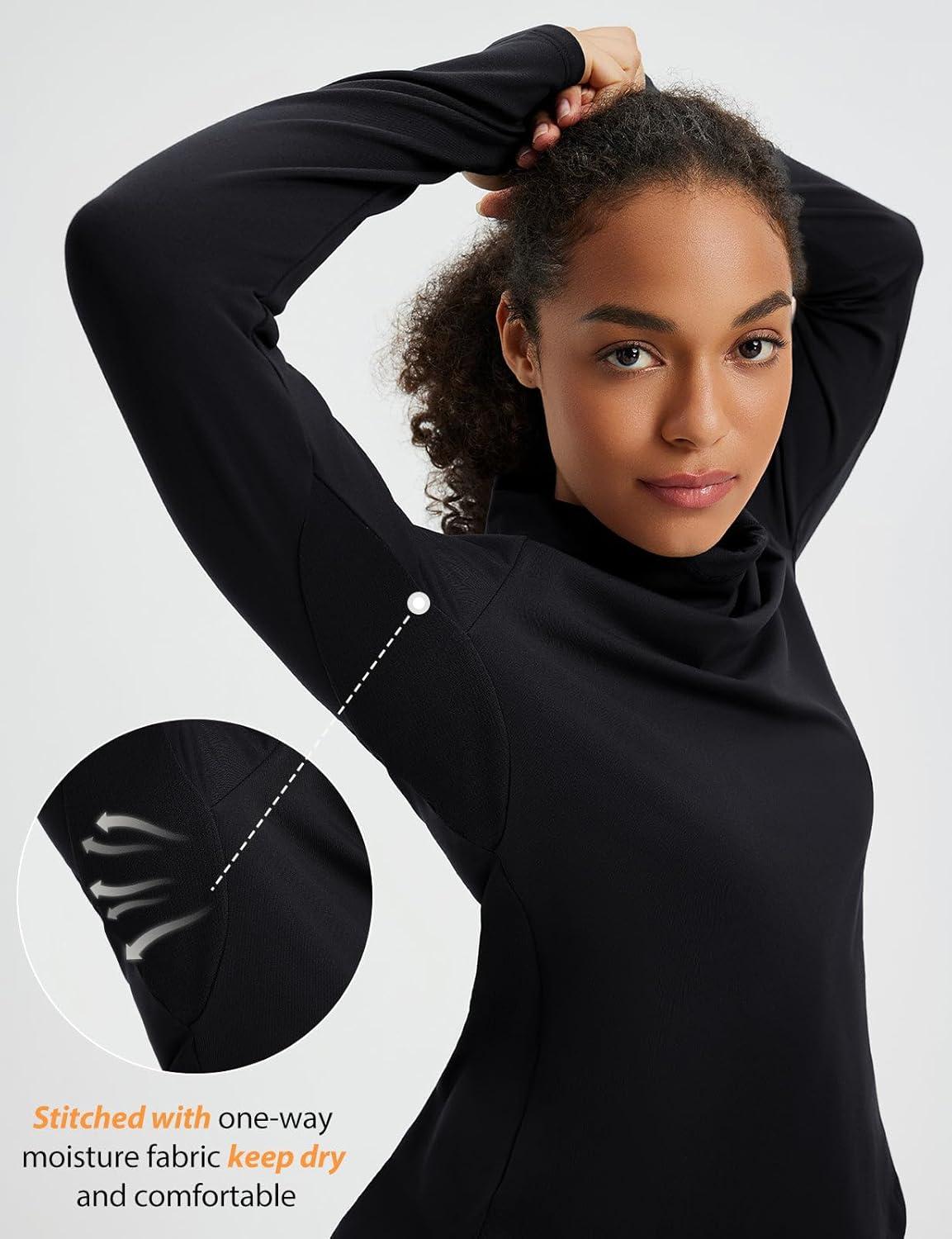 imagebaleaf Womens Thermal Turtleneck Tops Long Sleeve Shirts Ski Base Layer with Integrated Neck Face Mask ThumbholesBlack