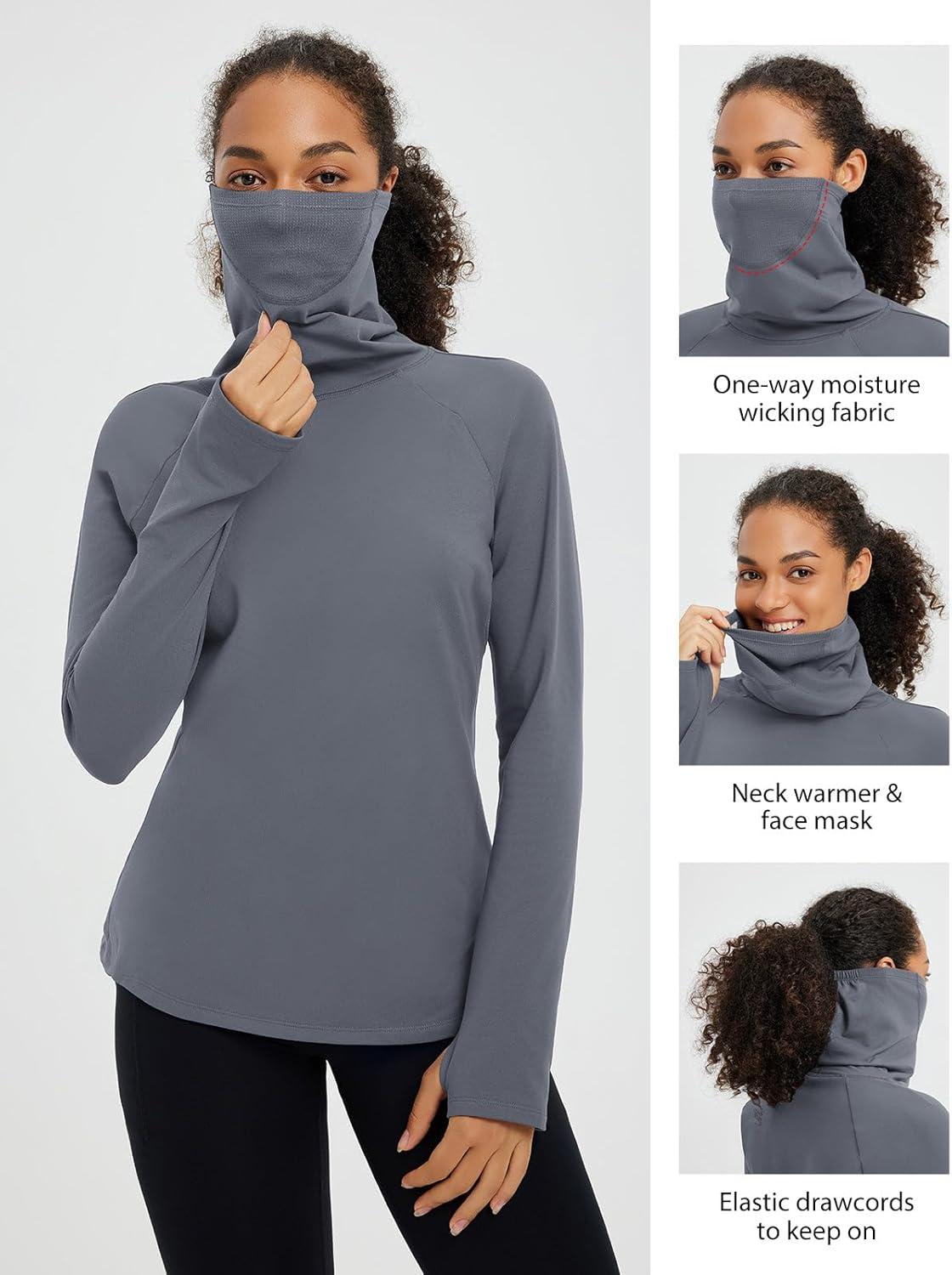 imagebaleaf Womens Thermal Turtleneck Tops Long Sleeve Shirts Ski Base Layer with Integrated Neck Face Mask ThumbholesDark Gray