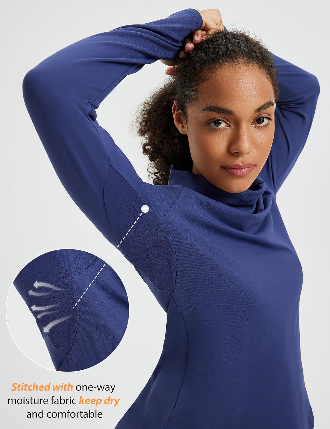imagebaleaf Womens Thermal Turtleneck Tops Long Sleeve Shirts Ski Base Layer with Integrated Neck Face Mask ThumbholesNavy Blue