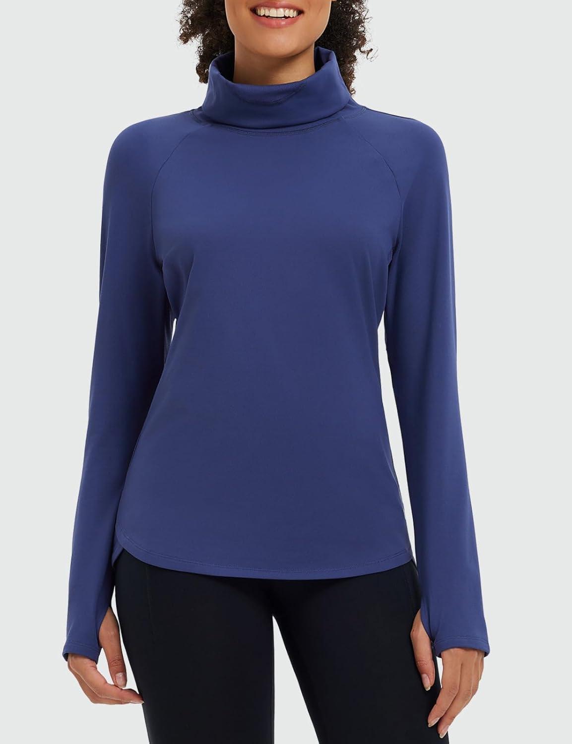 imagebaleaf Womens Thermal Turtleneck Tops Long Sleeve Shirts Ski Base Layer with Integrated Neck Face Mask ThumbholesNavy Blue