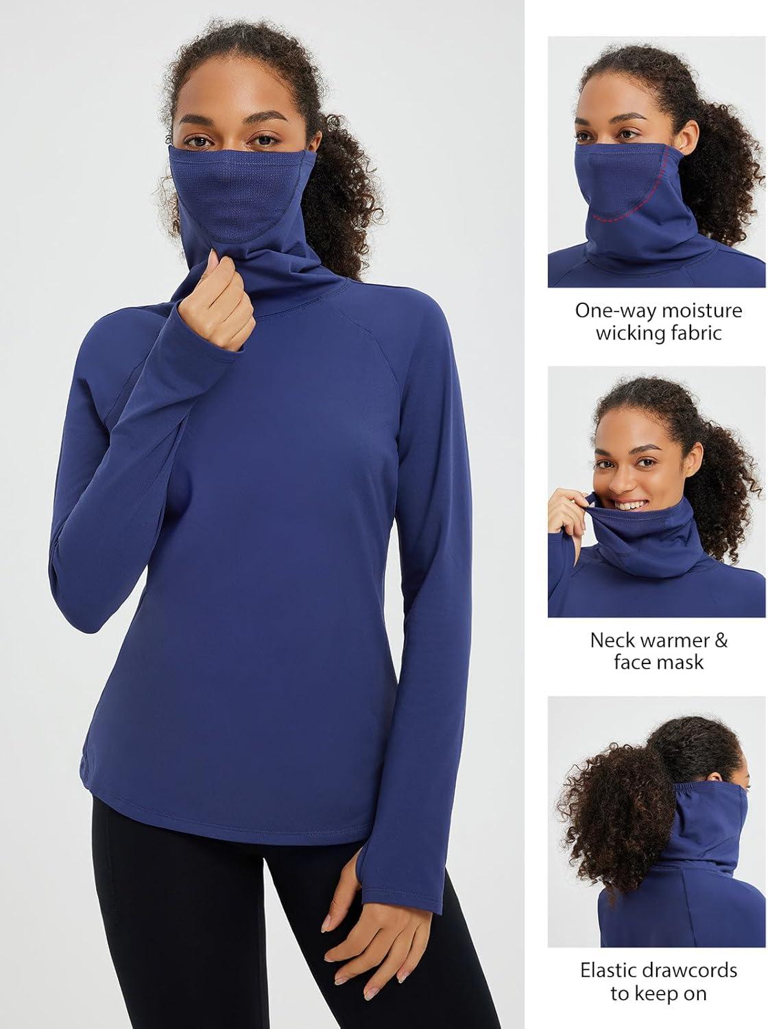 imagebaleaf Womens Thermal Turtleneck Tops Long Sleeve Shirts Ski Base Layer with Integrated Neck Face Mask ThumbholesNavy Blue