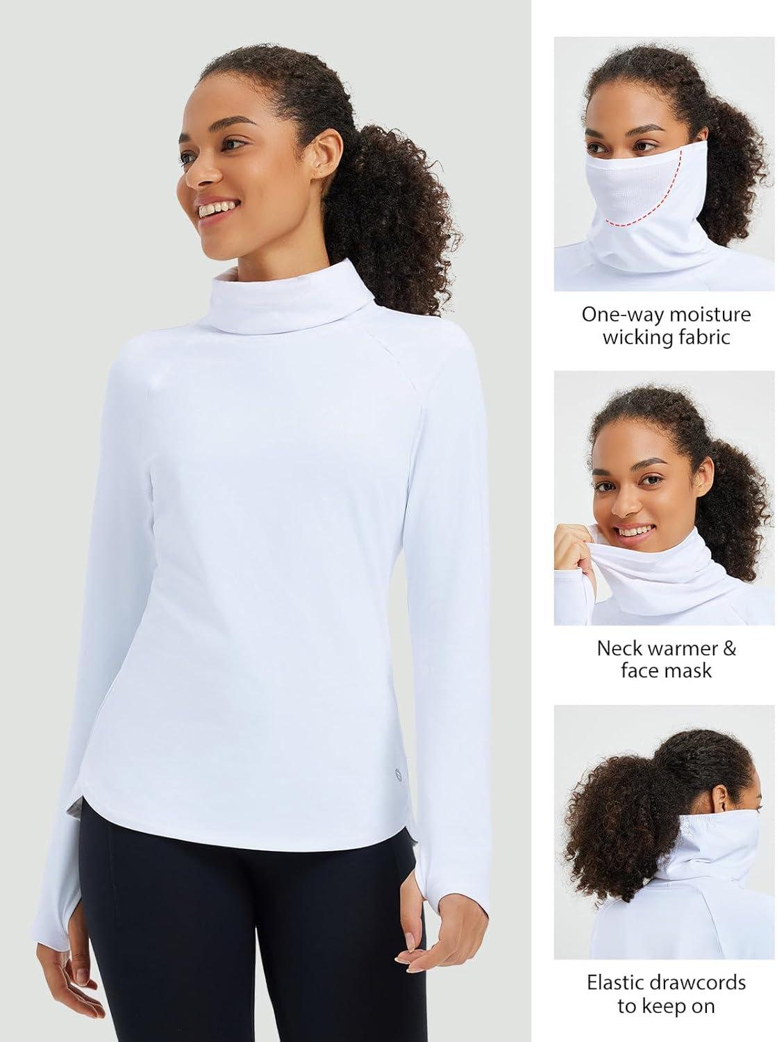 imagebaleaf Womens Thermal Turtleneck Tops Long Sleeve Shirts Ski Base Layer with Integrated Neck Face Mask ThumbholesWhite