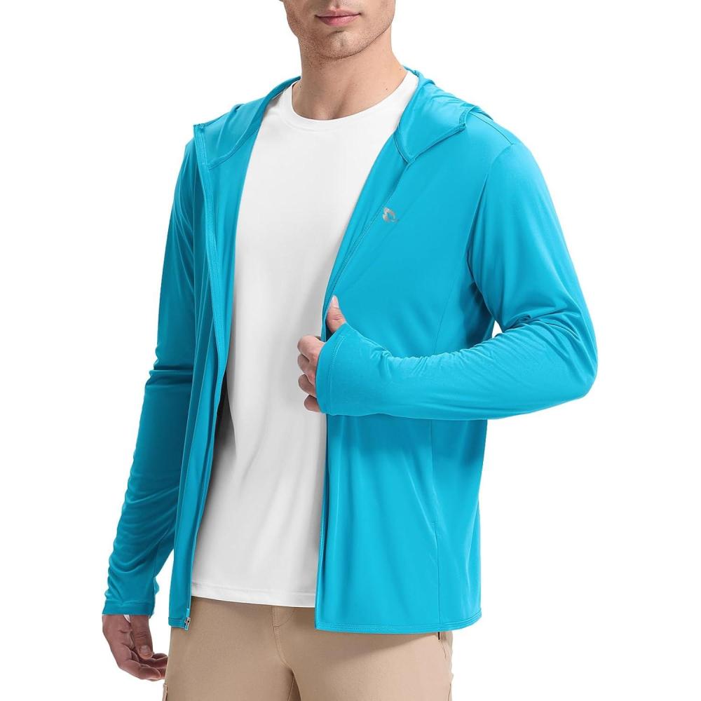 imagebaleaf Mens UPF 50 Full Zip Light Jacket Hooded Long Sleeve Cooling Shirt with Pocket Hiking Fishing Outdoor PerformanceAqua Blue