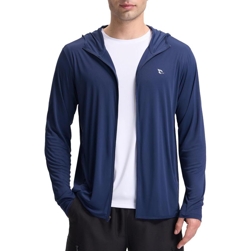 imagebaleaf Mens UPF 50 Full Zip Light Jacket Hooded Long Sleeve Cooling Shirt with Pocket Hiking Fishing Outdoor PerformanceNavy Blue