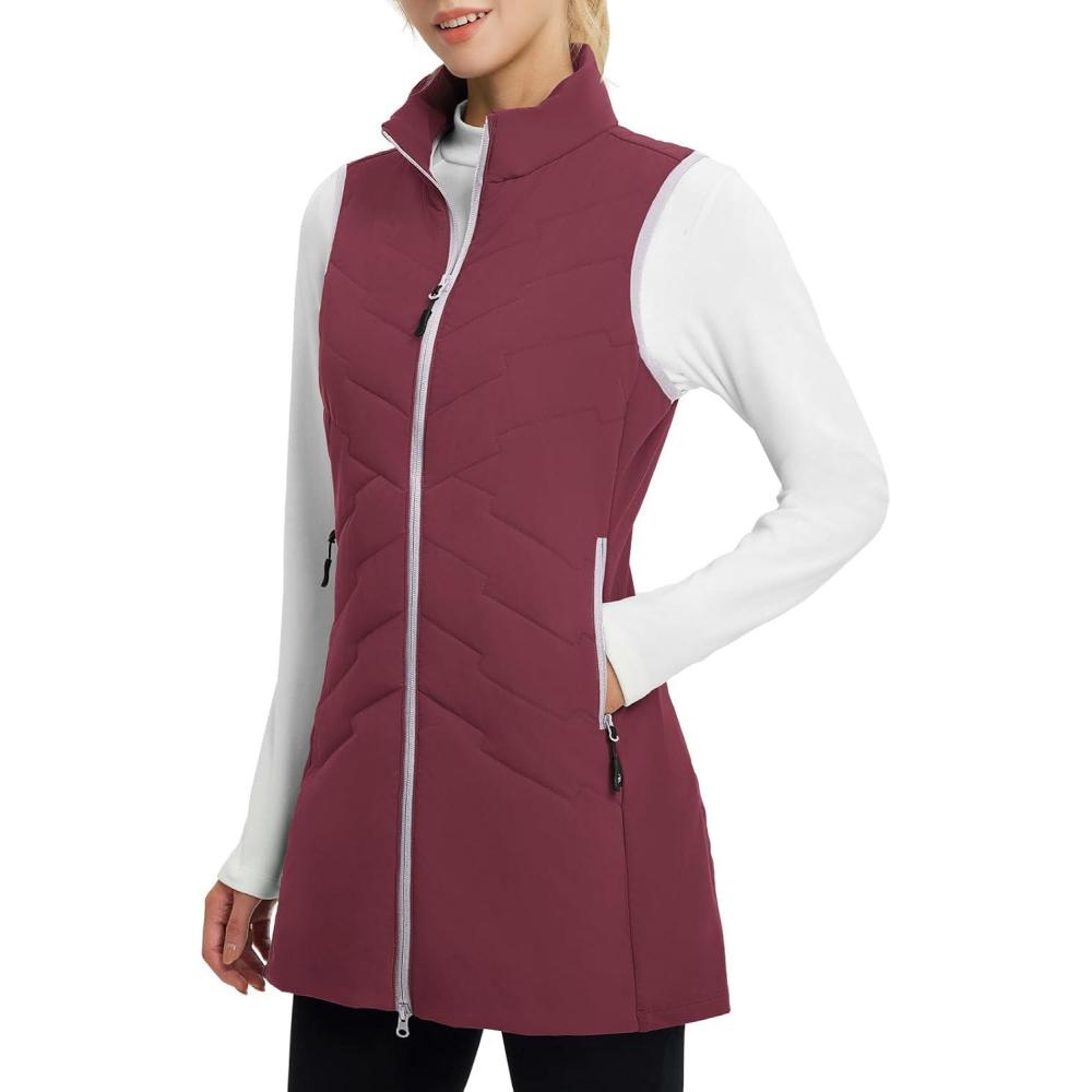 imagebaleaf Running Vest for Women Long Puffer Fall Coat Sleeveless Jacket Outerwear Winter Warm Fleece Hybrid LightweightWine Red