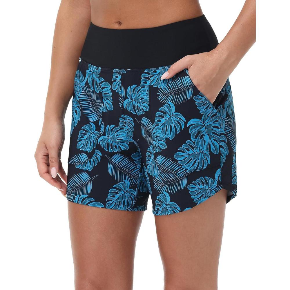 imagebaleaf Womens 3quot5quot7quot9quot High Waisted Swim Board Shorts Quick Dry Swimsuits Bottoms Trunks with PocketsGreen Blue Leaf