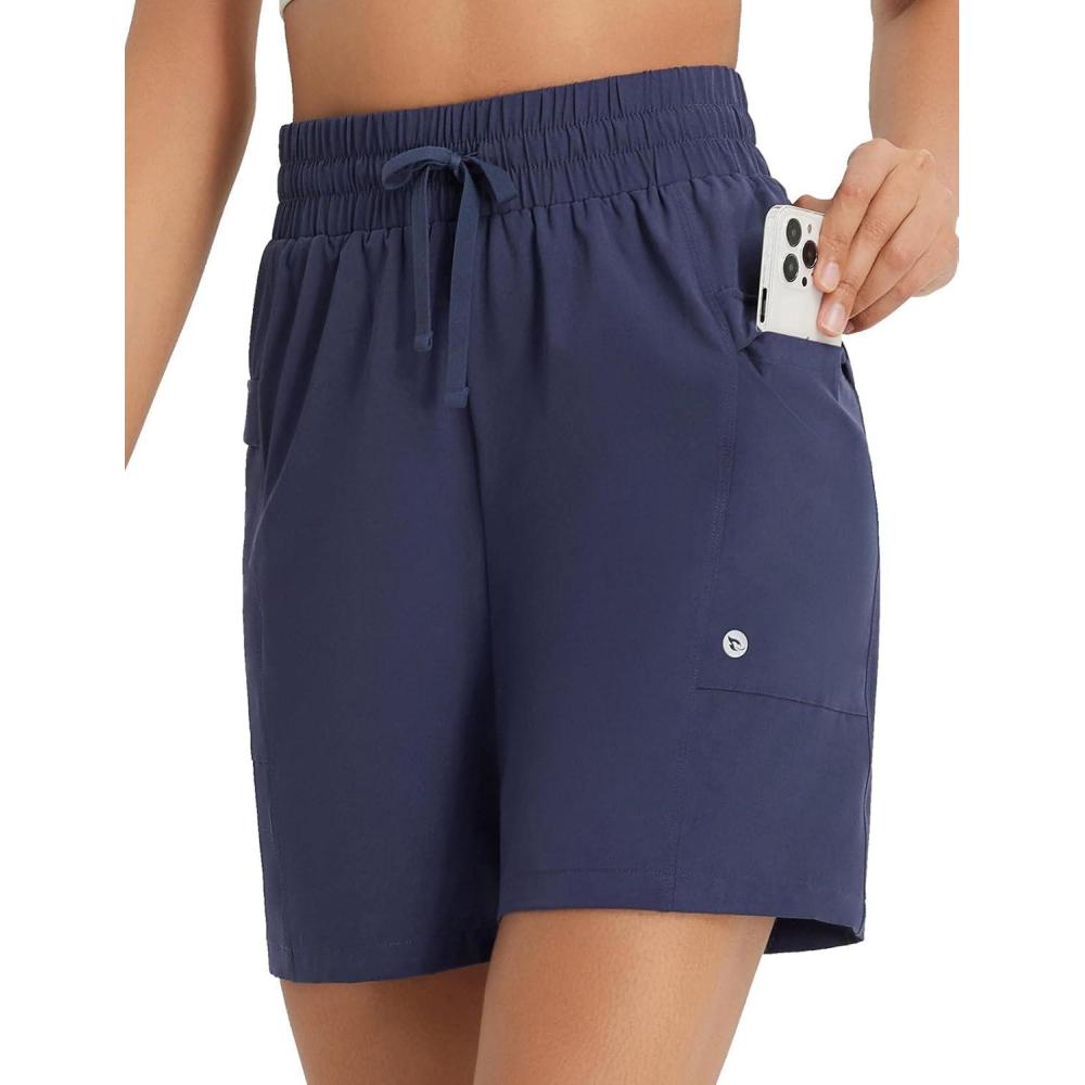 imagebaleaf Womens 7quot Athletic Shorts Quick Dry Running Workout Lightweight High Waisted Long Shorts with PocketsNavy Blue