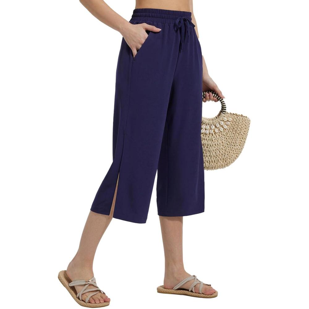 imagebaleaf Womens Capri Beach Pants Wide Leg Quick Dry Lightweight Capris UPF50 Casual Sweatpants Swim PantsNavy Blue