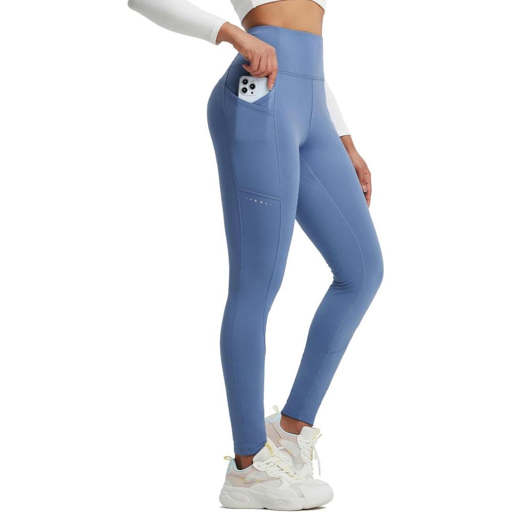 imagebaleaf Womens Fleece Lined Leggings Thermal Winter Warm Pants High Waisted Cold Weather Tights with Cross PocketsBlue