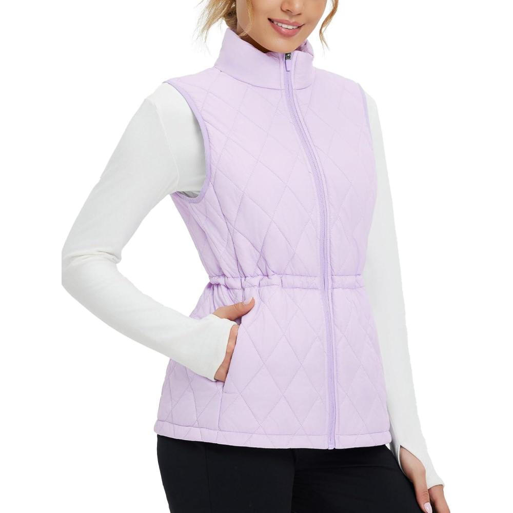 imagebaleaf Womens Puffer Drawstring Vest Lightweight Winter Warm Stand Collar Quilted Golf Vests Water Resistant Zip PocketsLight Purple