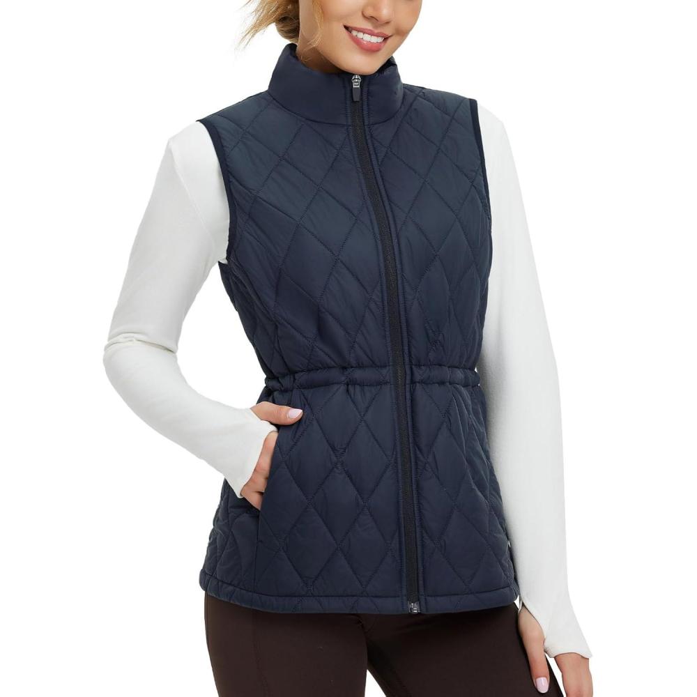 imagebaleaf Womens Puffer Drawstring Vest Lightweight Winter Warm Stand Collar Quilted Golf Vests Water Resistant Zip PocketsNavy Blue