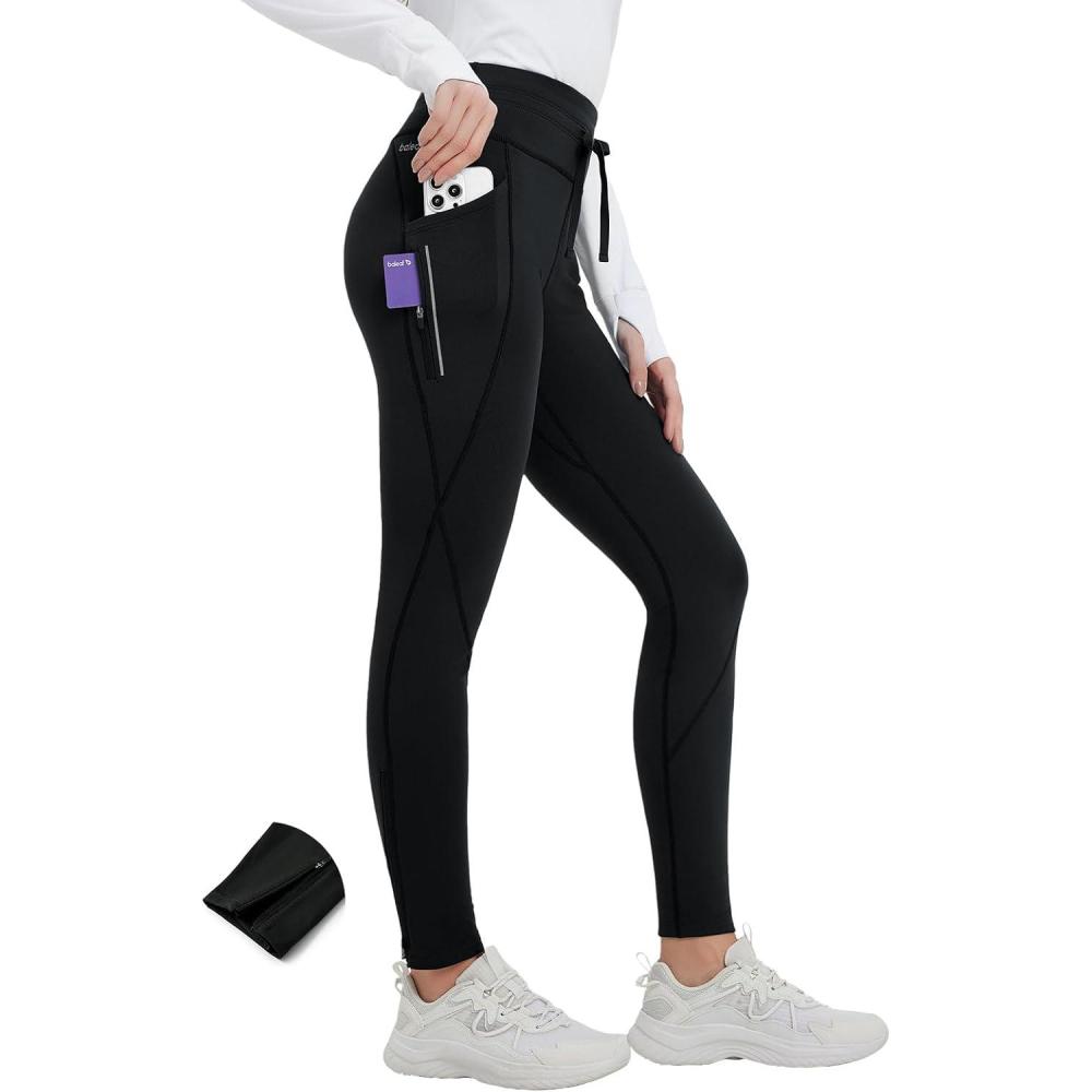 imagebaleaf Womens Thermal Fleece Lined Leggings with Pockets Ankle Zip Reflective Water Resistant High Waisted Warm Snow PantsBlack