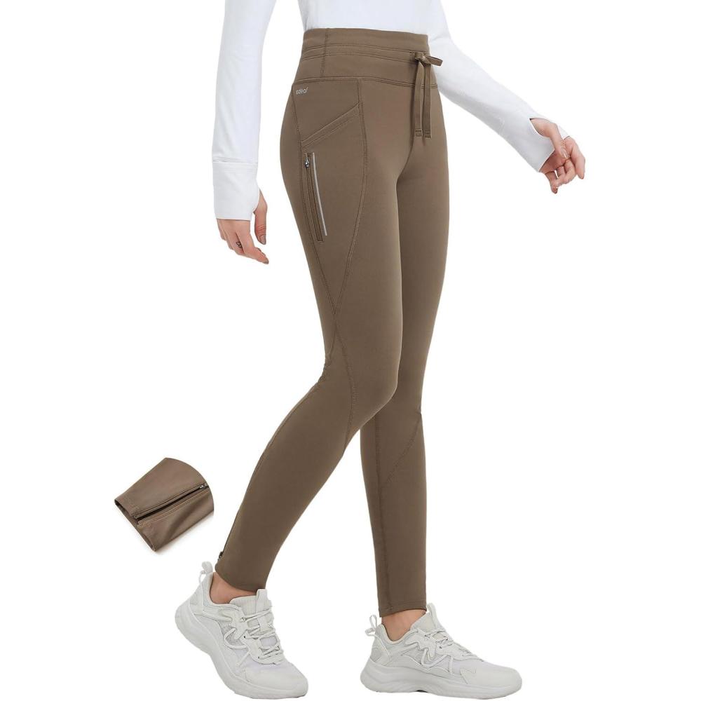 imagebaleaf Womens Thermal Fleece Lined Leggings with Pockets Ankle Zip Reflective Water Resistant High Waisted Warm Snow PantsBrown