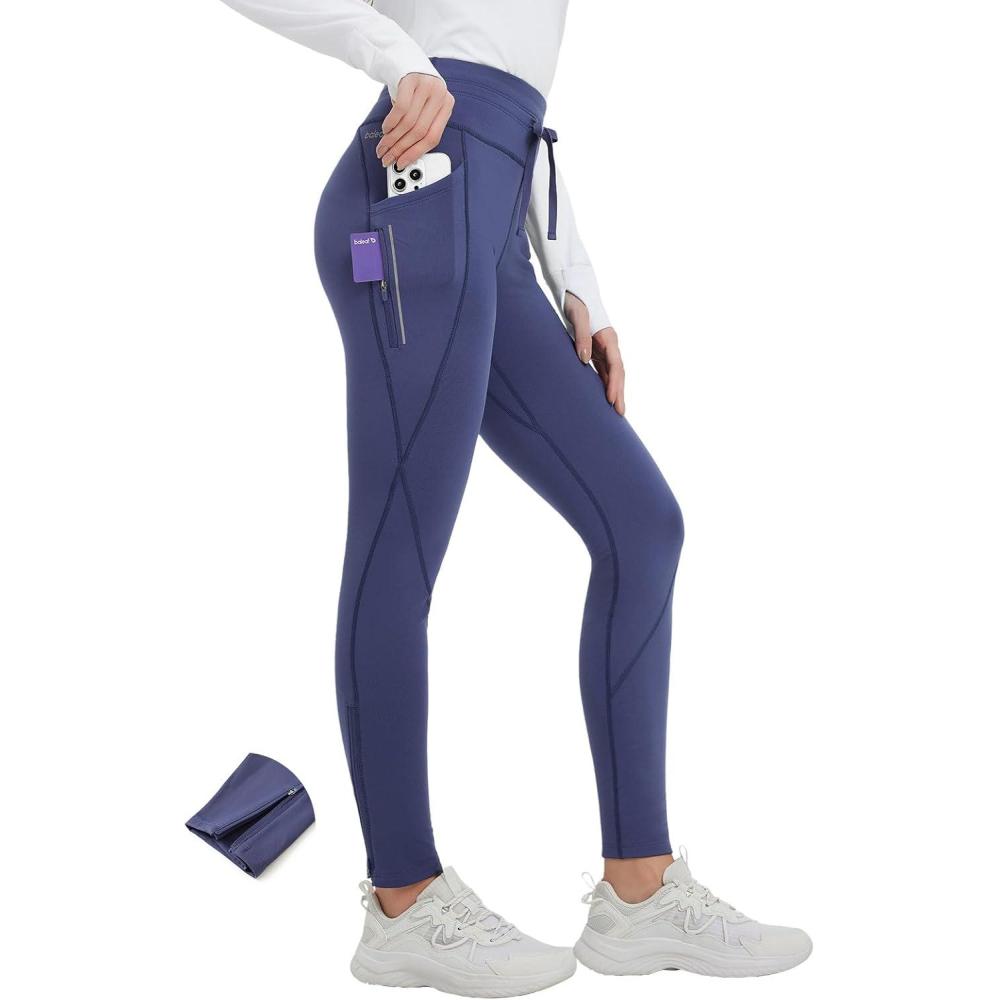 imagebaleaf Womens Thermal Fleece Lined Leggings with Pockets Ankle Zip Reflective Water Resistant High Waisted Warm Snow PantsNavy Blue