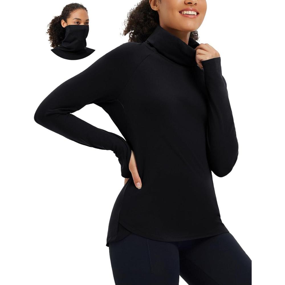 imagebaleaf Womens Thermal Turtleneck Tops Long Sleeve Shirts Ski Base Layer with Integrated Neck Face Mask ThumbholesBlack