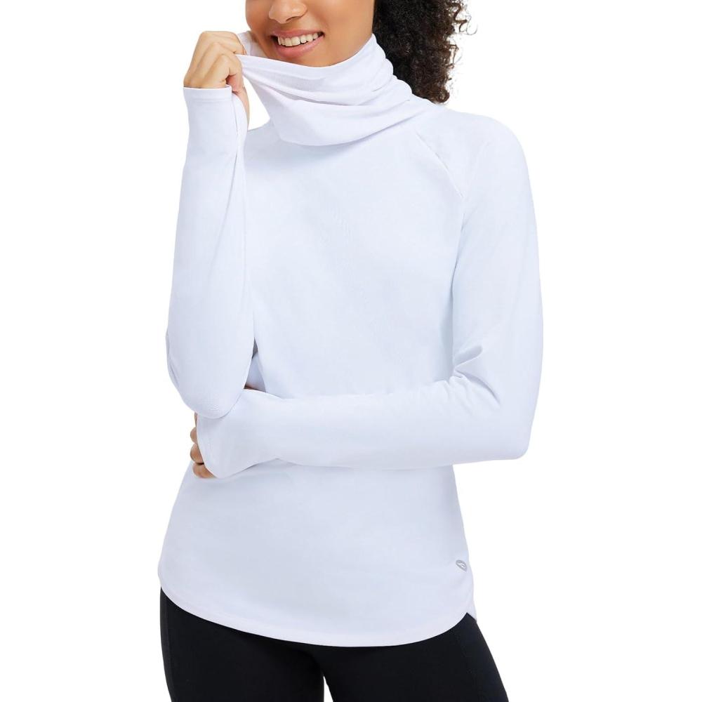 imagebaleaf Womens Thermal Turtleneck Tops Long Sleeve Shirts Ski Base Layer with Integrated Neck Face Mask ThumbholesWhite
