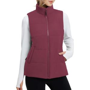 imagebaleaf Womens Lightweight Puffy Vest Quilted Winter Warm Outerwear Water Resistant Stand Collar Sleeveless Running JacketsWine Red