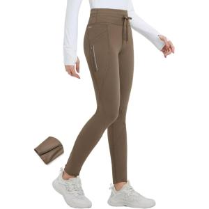 imagebaleaf Womens Thermal Fleece Lined Leggings with Pockets Ankle Zip Reflective Water Resistant High Waisted Warm Snow PantsBrown