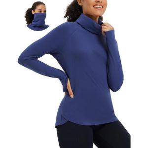 imagebaleaf Womens Thermal Turtleneck Tops Long Sleeve Shirts Ski Base Layer with Integrated Neck Face Mask ThumbholesNavy Blue