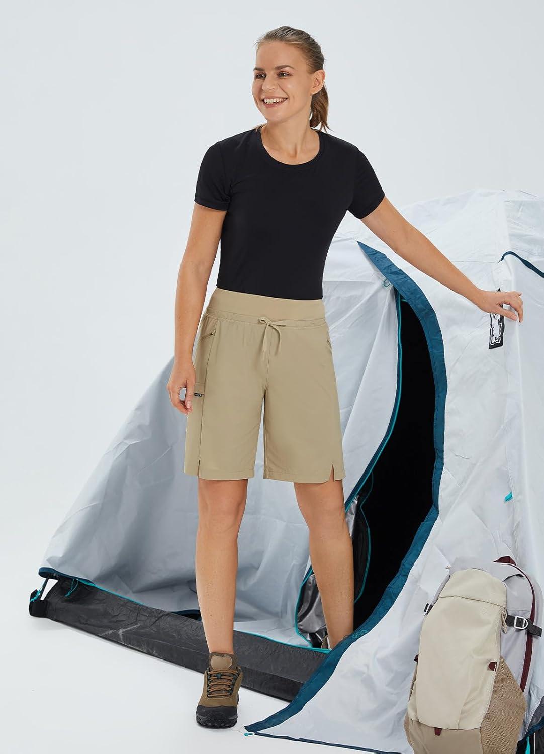 imagebaleaf Womens Hiking Long Shorts 9quot11quot Quick Dry Hiking Bermuda Cargo for Curvy Lightweight Knee Length Shorts Pockets11 Inch Khaki