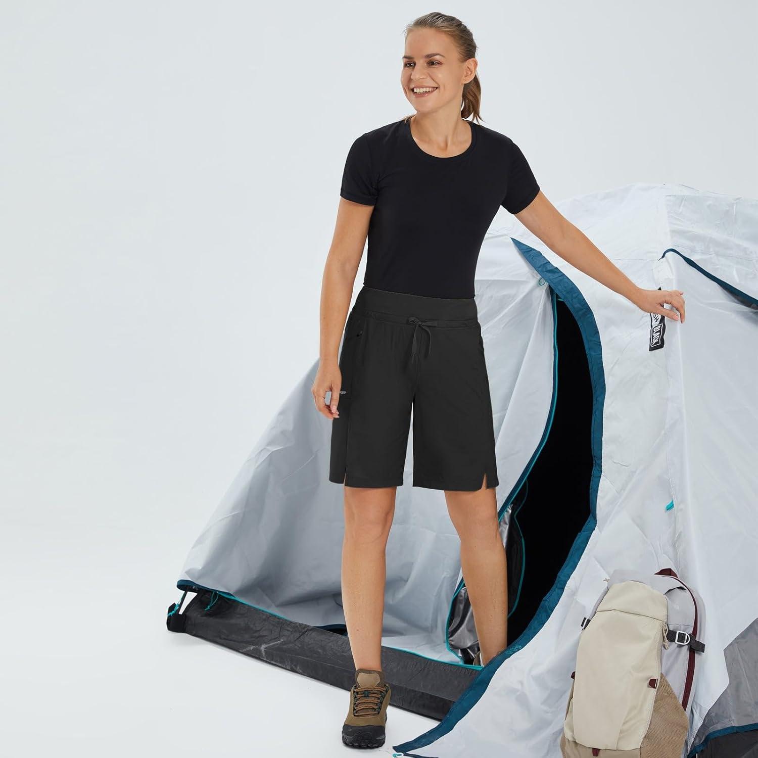 imagebaleaf Womens Hiking Long Shorts 9quot11quot Quick Dry Hiking Bermuda Cargo for Curvy Lightweight Knee Length Shorts Pockets9 Inch Black