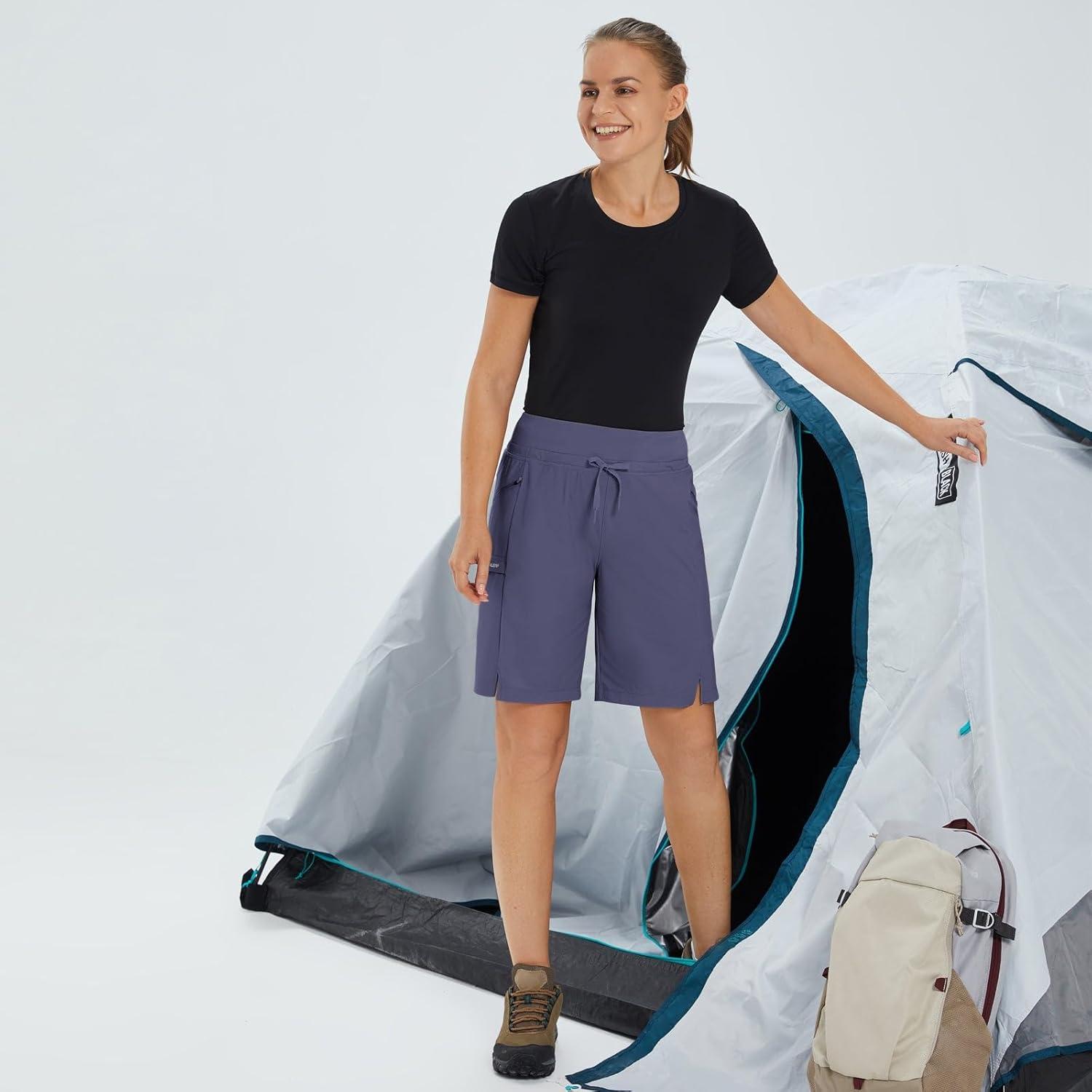 imagebaleaf Womens Hiking Long Shorts 9quot11quot Quick Dry Hiking Bermuda Cargo for Curvy Lightweight Knee Length Shorts Pockets9 Inch Blue