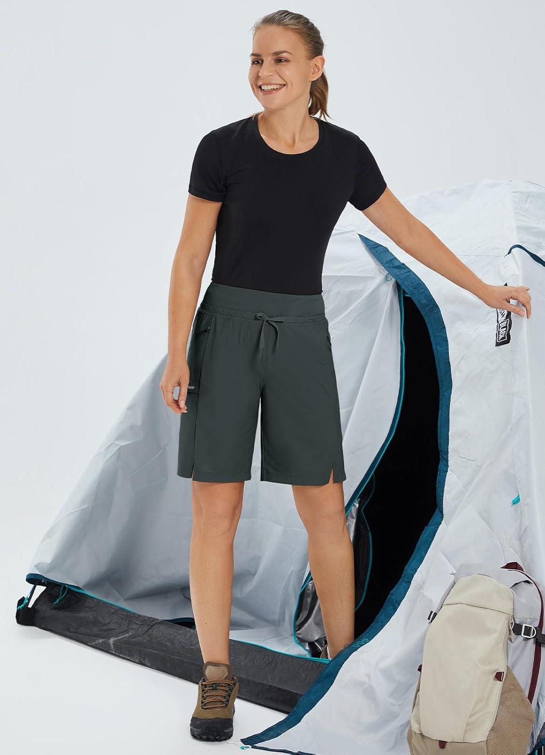 imagebaleaf Womens Hiking Long Shorts 9quot11quot Quick Dry Hiking Bermuda Cargo for Curvy Lightweight Knee Length Shorts Pockets9 Inch Dark Grey