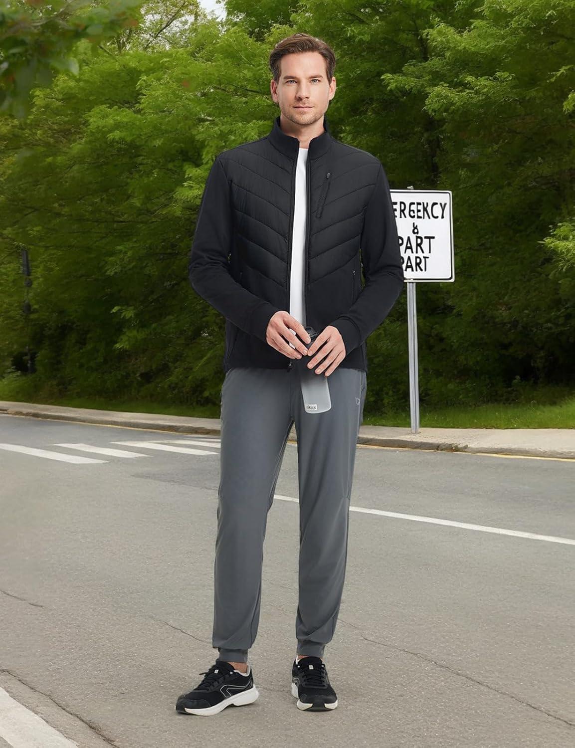 imagebaleaf Mens Cycling Jacket Puffer Lightweight Coat Windproof Warm Winter 5 Pockets Packable Running HikingBlack