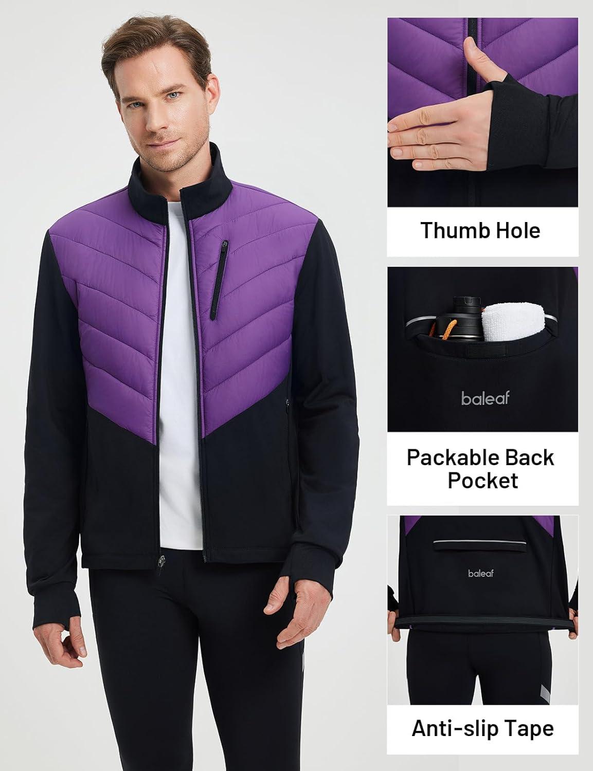 imagebaleaf Mens Cycling Jacket Puffer Lightweight Coat Windproof Warm Winter 5 Pockets Packable Running HikingPurpleBlack