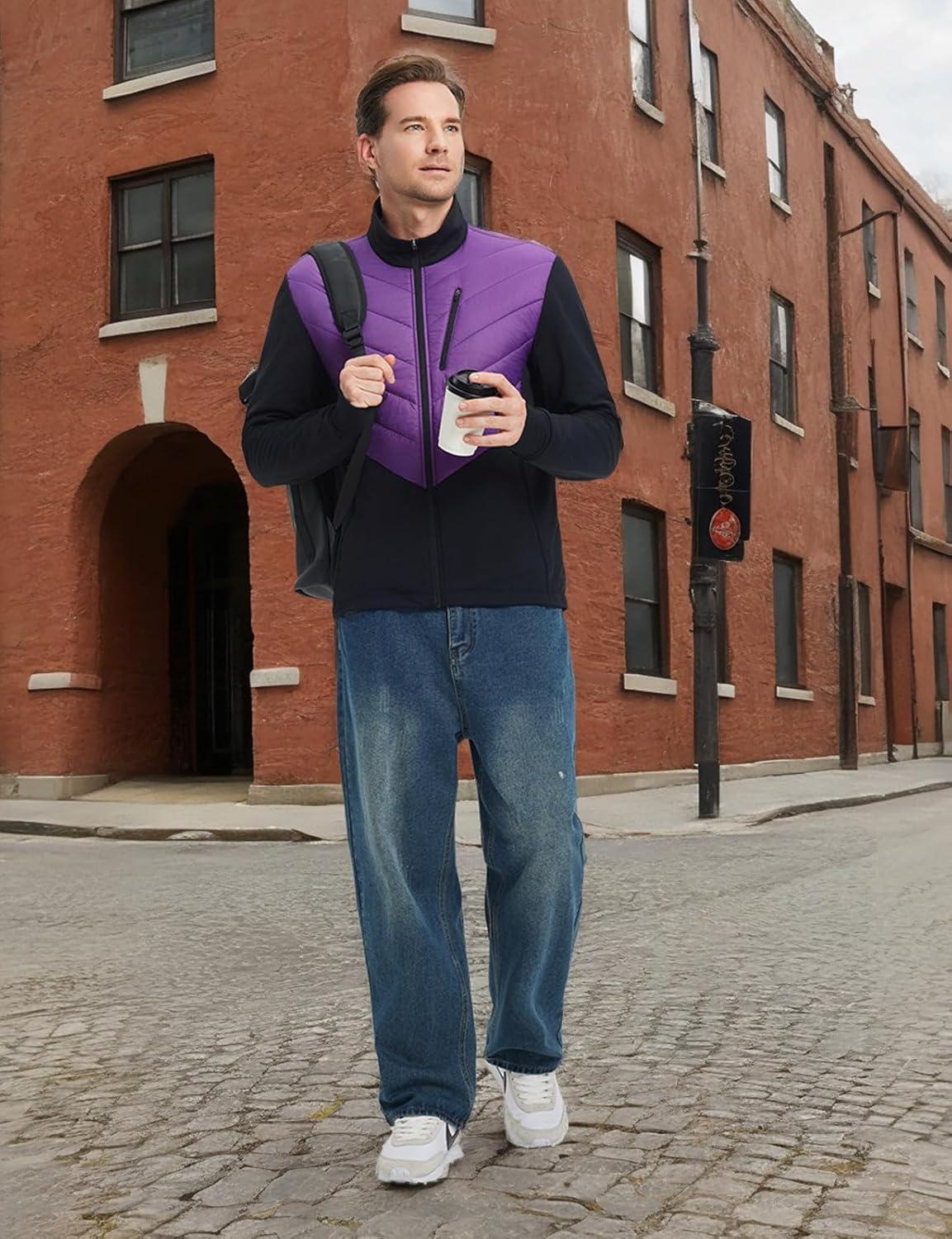 imagebaleaf Mens Cycling Jacket Puffer Lightweight Coat Windproof Warm Winter 5 Pockets Packable Running HikingPurpleBlack