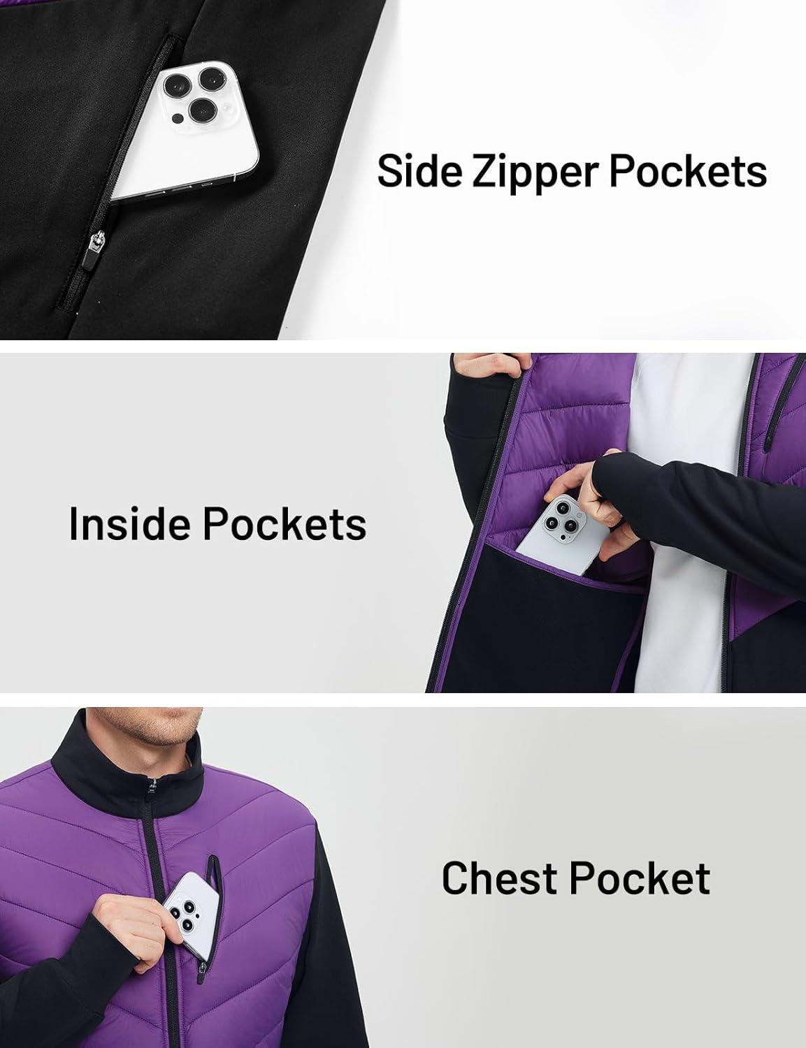 imagebaleaf Mens Cycling Jacket Puffer Lightweight Coat Windproof Warm Winter 5 Pockets Packable Running HikingPurpleBlack